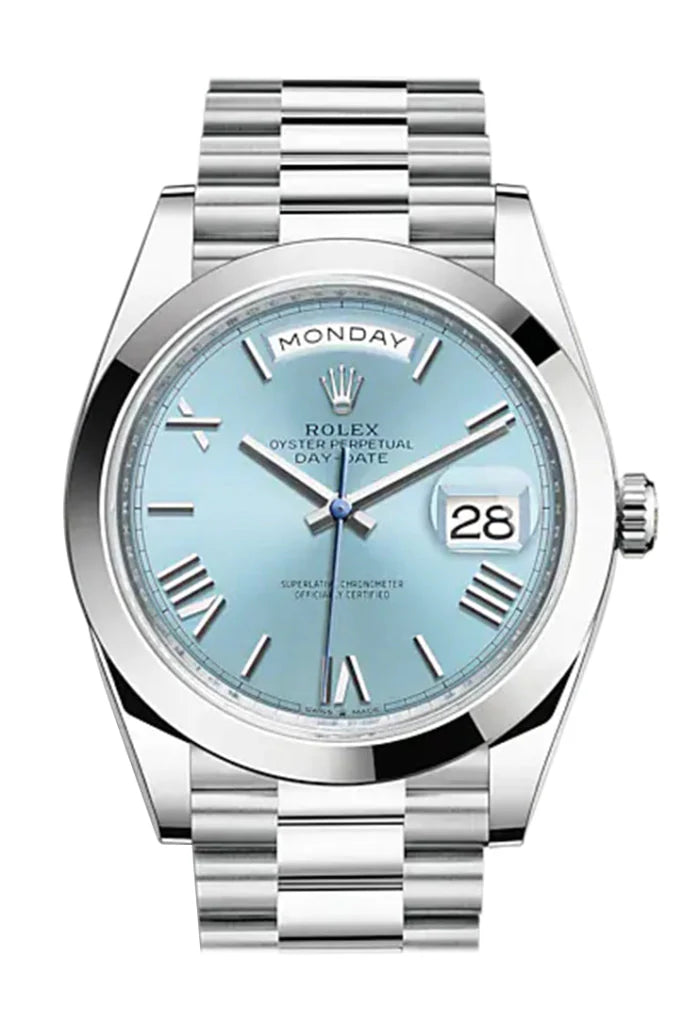 Rolex Day-Date 40 platinum watch with ice blue Roman numeral dial, President bracelet, and fluted bezel – available at globalskydiamond.com, Global Sky Diamonds in NYC's Diamond District.