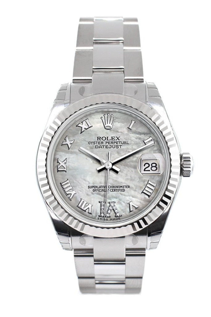 Rolex Datejust 31 Mother of Pearl Roman Large VI Diamond Dial White Gold Fluted Bezel Ladies Watch 178274 Pre-owned