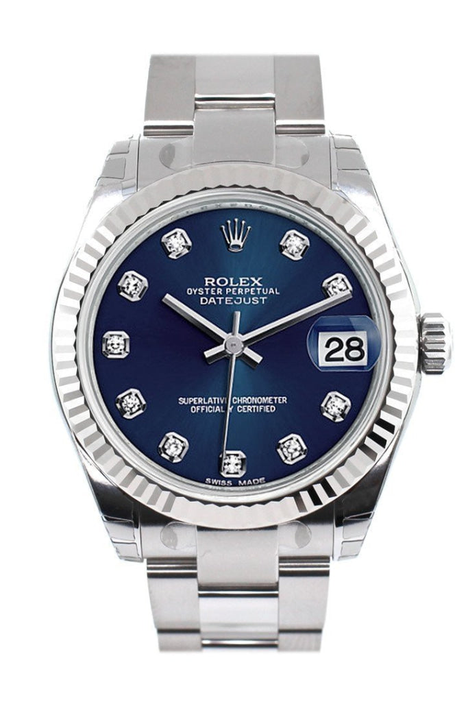 Rolex Datejust 31 Blue Set Diamonds Dial White Gold Fluted Bezel Ladies Watch 178274  Pre-owned