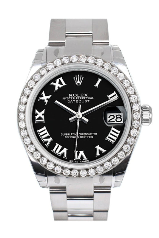 Rolex Custom Diamond Bezel Datejust 31 Black Roman Dial Oyster Ladies Watch 178240 Pre-owned