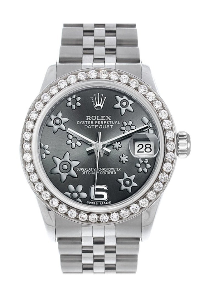 Rolex Custom Diamond Bezel Datejust 31 Dark Rhodium Raised Floral motif Dial Jubilee Ladies Watch 178240 Pre-owned