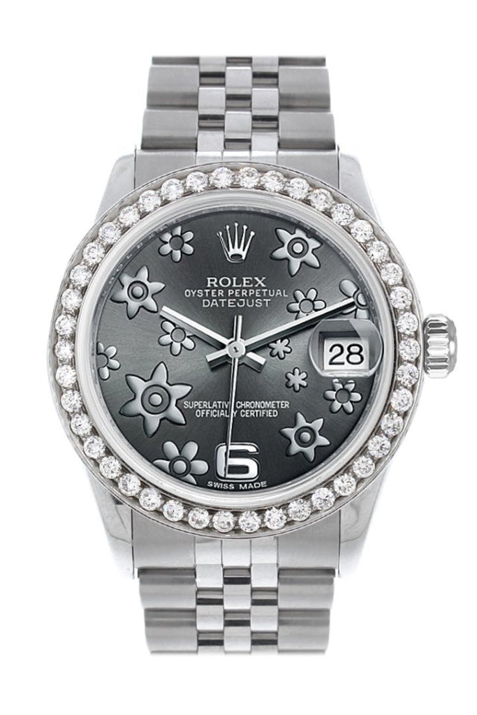 Rolex Custom Diamond Bezel Datejust 31 Dark Rhodium Raised Floral motif Dial Jubilee Ladies Watch 178240 Pre-owned