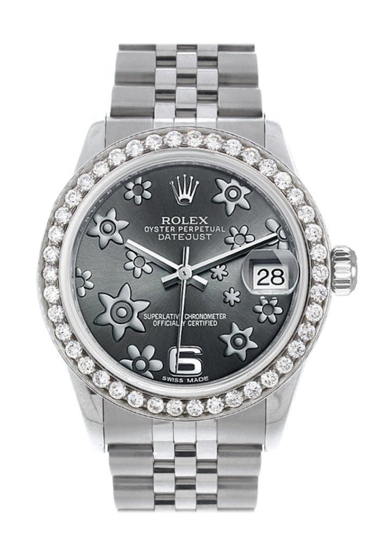 Rolex Custom Diamond Bezel Datejust 31 Dark Rhodium Raised Floral motif Dial Jubilee Ladies Watch 178240 Pre-owned