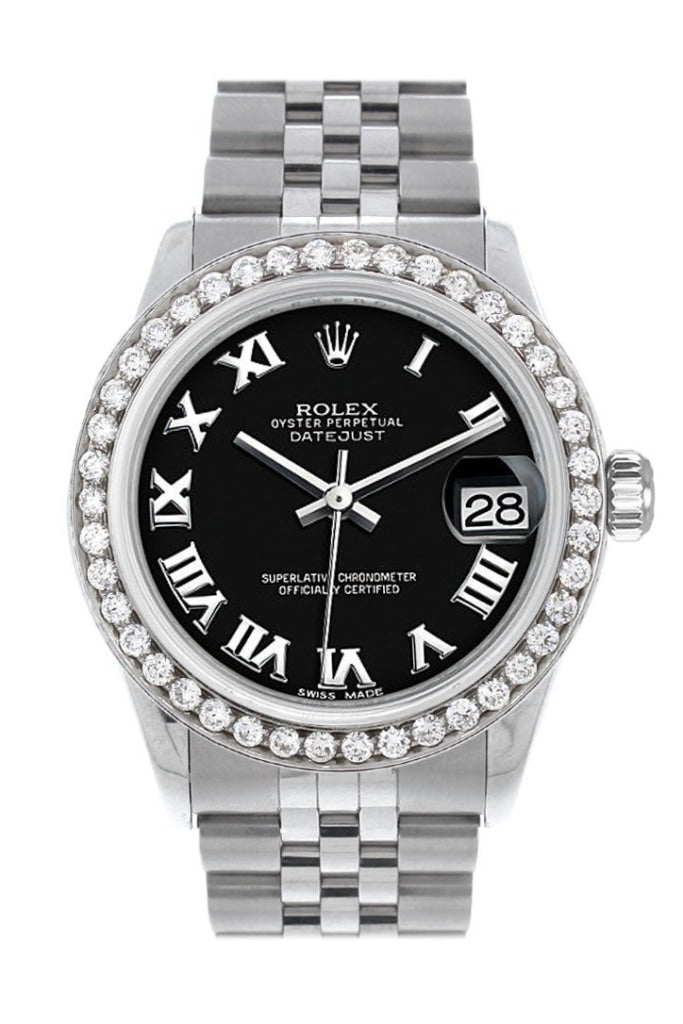 Rolex Custom Diamond Bezel Datejust 31 Black Roman Dial Jubilee Ladies Watch 178240 Pre-owned