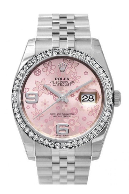 Custom Diamond Bezel Rolex Datejust 36 Pink Floral Dial Stainless Steel Jubilee Ladies Watch 116200 Pre-owned