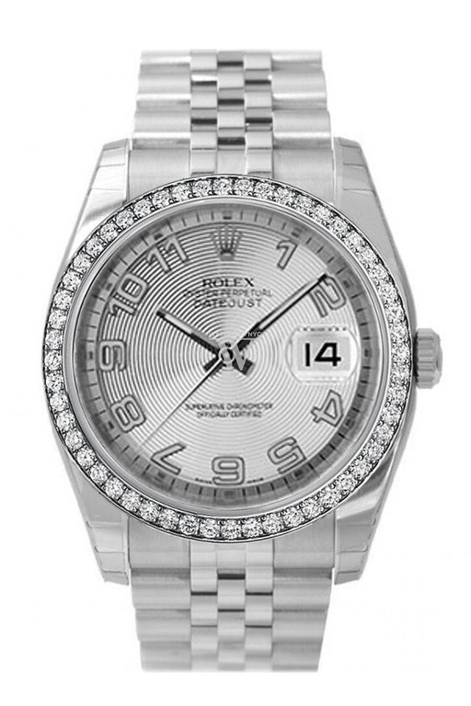 Custom Diamond Bezel Rolex Datejust 36 Silver Concentric Dial Stainless Steel Jubilee Men's Watch 116200 Pre-owned
