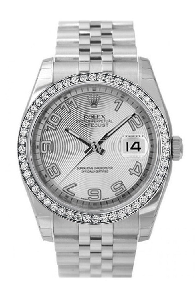 Custom Diamond Bezel Rolex Datejust 36 Silver Concentric Dial Stainless Steel Jubilee Men's Watch 116200 Pre-owned