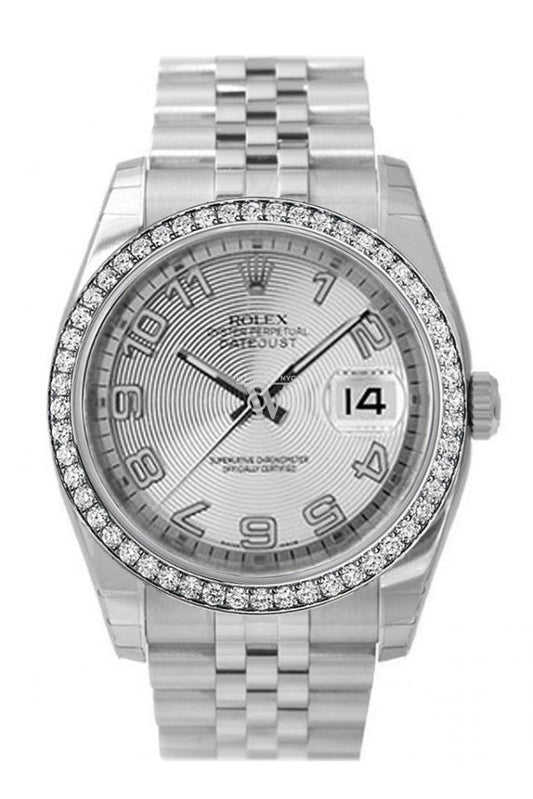 Custom Diamond Bezel Rolex Datejust 36 Silver Concentric Dial Stainless Steel Jubilee Men's Watch 116200 Pre-owned