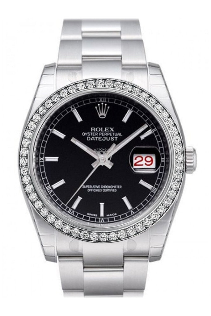 Custom Diamond Bezel Rolex Datejust 36 Black Dial Stainless Steel Oyster Watch 116200 Pre-owned