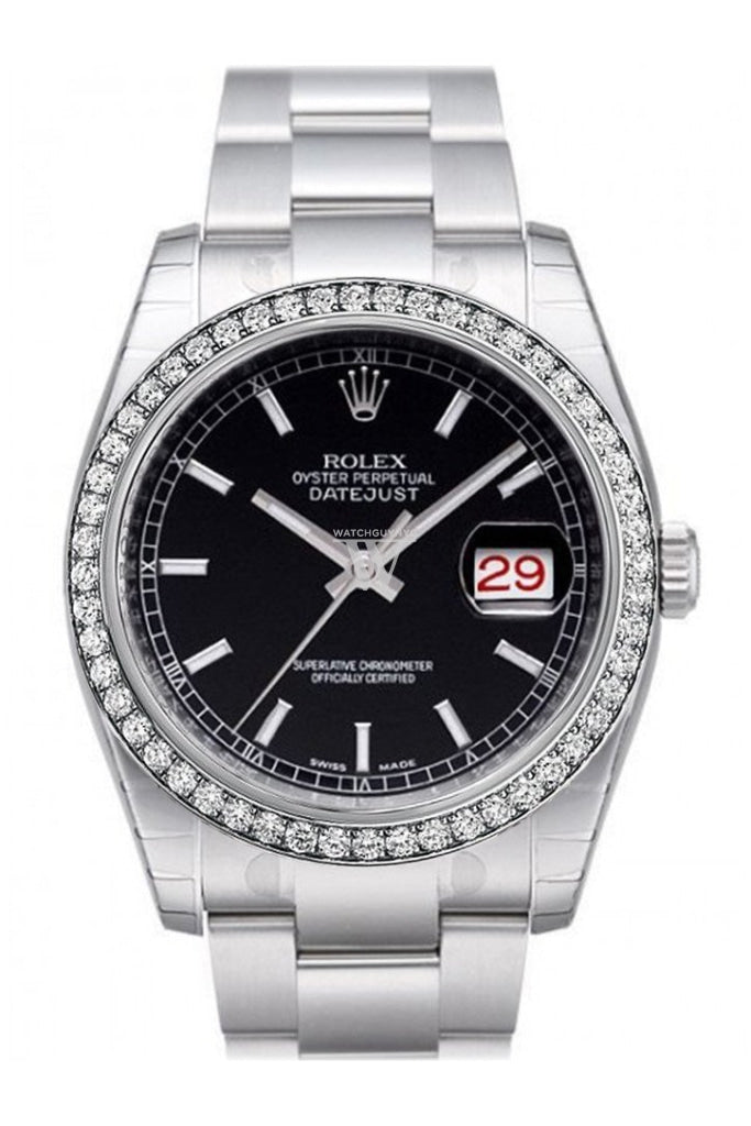 Custom Diamond Bezel Rolex Datejust 36 Black Dial Stainless Steel Oyster Watch 116200 Pre-owned