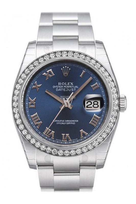 Custom Diamond Bezel Rolex Datejust 36 Blue Roman Dial Stainless Steel Oyster Watch 116200 Pre-owned