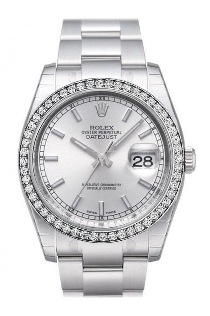 Custom Diamond Bezel Rolex Datejust 36 Silver Index Dial Stainless Steel Jubilee Bracelet Men's Watch 116200 Pre-owned