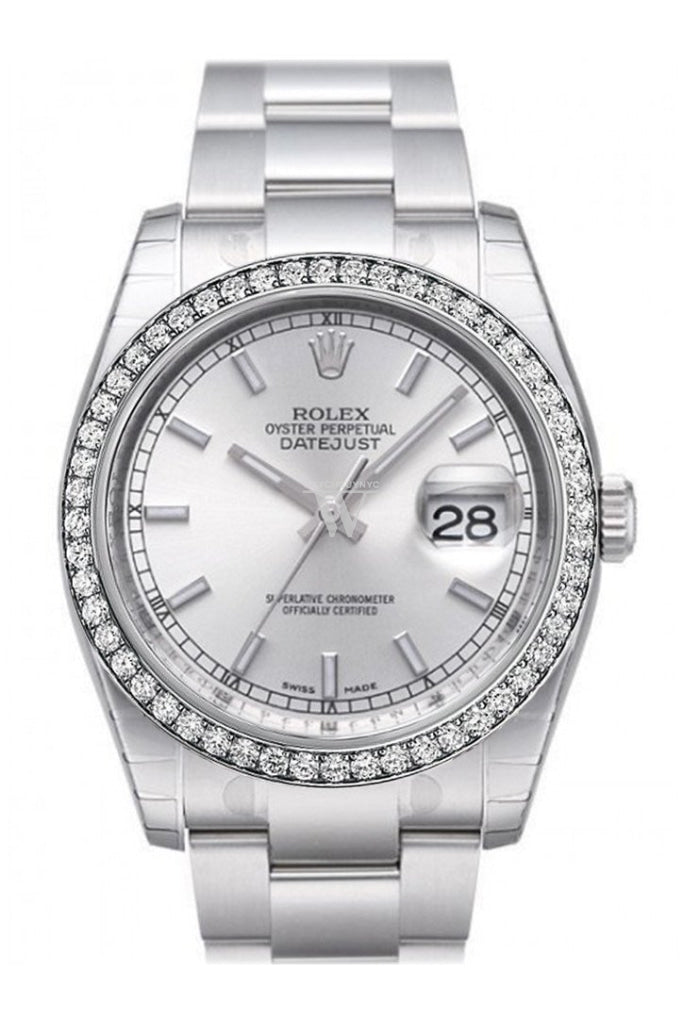 Custom Diamond Bezel Rolex Datejust 36 Silver Index Dial Stainless Steel Jubilee Bracelet Men's Watch 116200 Pre-owned
