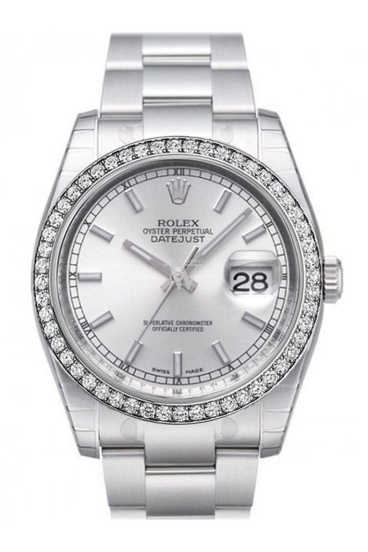 Custom Diamond Bezel Rolex Datejust 36 Silver Index Dial Stainless Steel Jubilee Bracelet Men's Watch 116200 Pre-owned