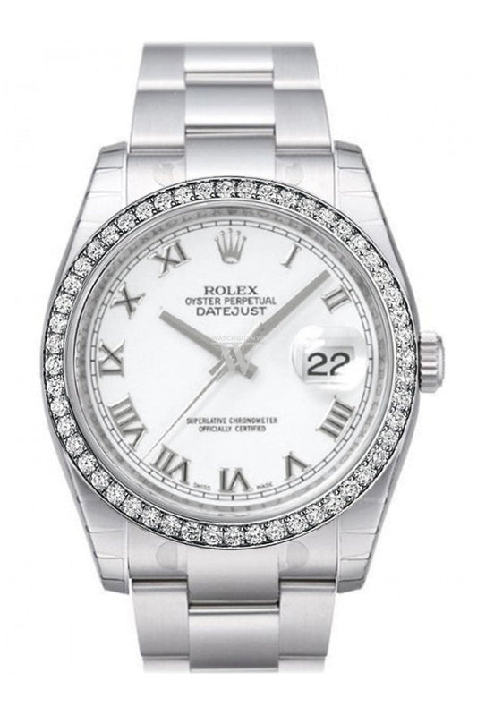 Custom Diamond Bezel Rolex Datejust 36 White Roman Dial Stainless Steel Jubilee Men's Watch 116200 Pre-owned