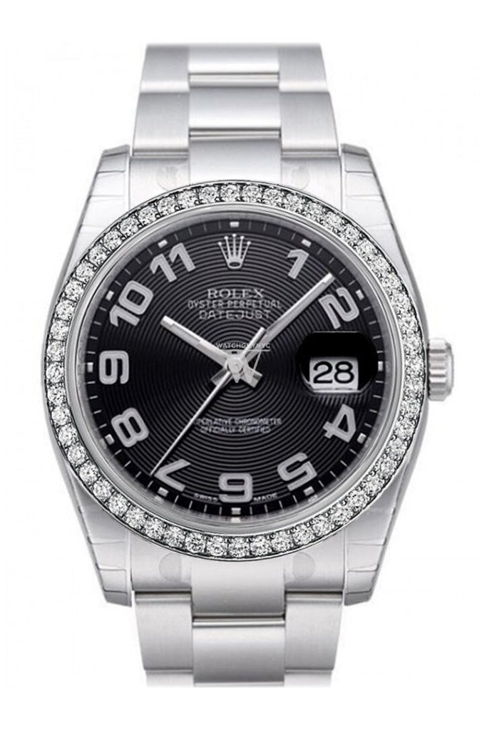Custom Diamond Bezel Rolex Datejust 36 Black Concentric Circle Dial Stainless Steel Oyster  Men's Watch 116200 Pre-owned