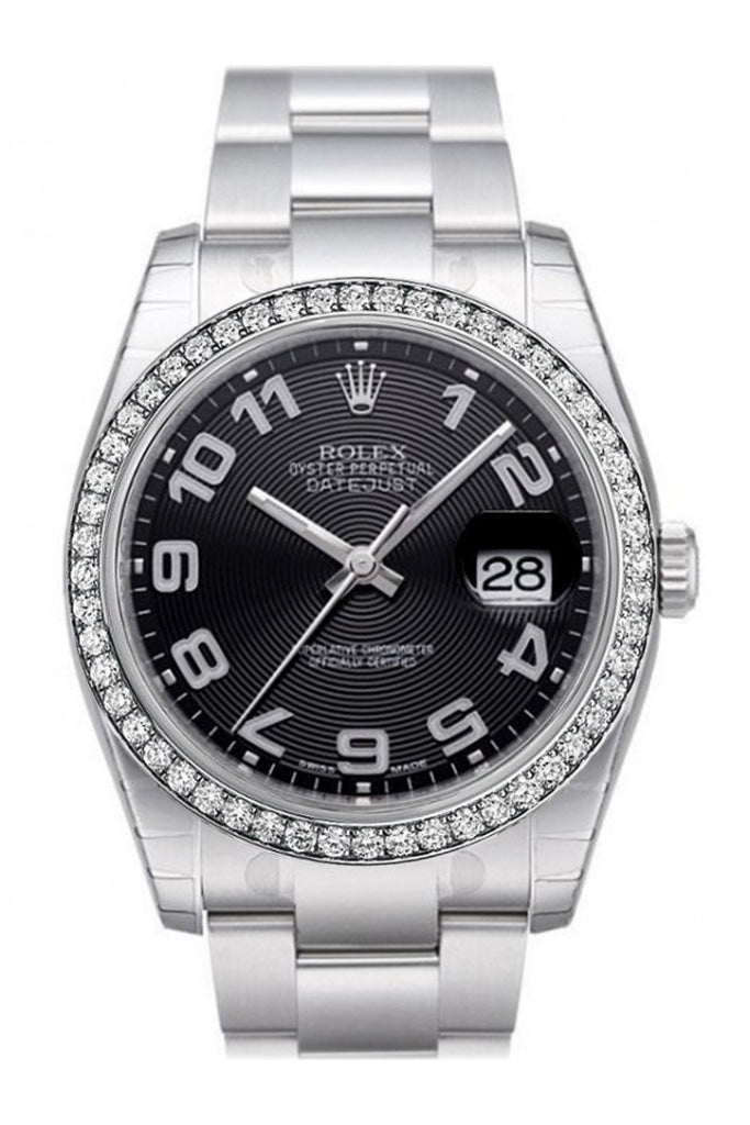 Custom Diamond Bezel Rolex Datejust 36 Black Concentric Circle Dial Stainless Steel Oyster  Men's Watch 116200 Pre-owned
