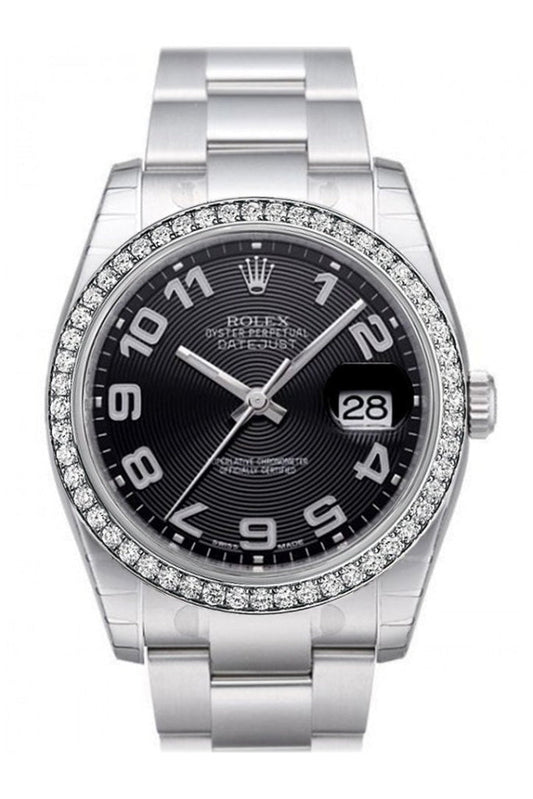 Custom Diamond Bezel Rolex Datejust 36 Black Concentric Circle Dial Stainless Steel Oyster  Men's Watch 116200 Pre-owned