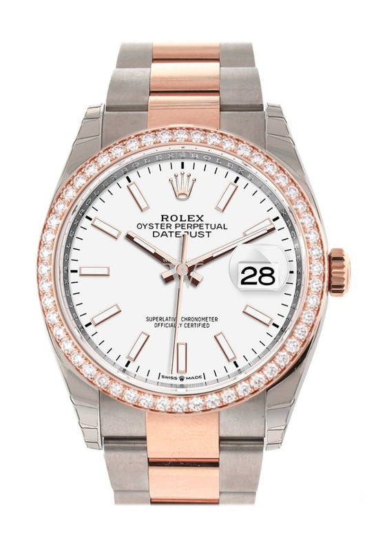 Custom Diamond Bezel Rolex Datejust 36 White Dial Rose Gold Two Tone Watch 126201 Pre-owned