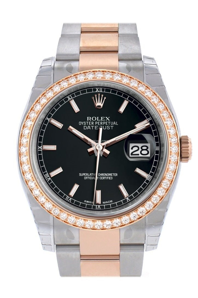 Custom Diamond Bezel Rolex Datejust 36 Black Dial Oyster Rose Gold Two Tone Watch 116201 116231 Pre-owned