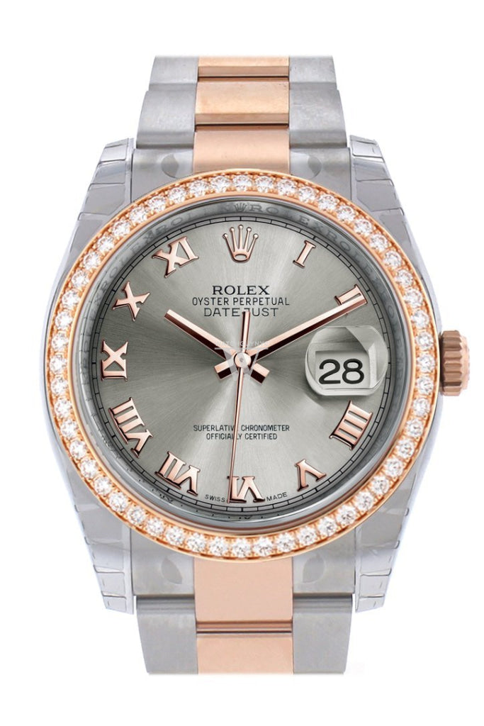 Custom Diamond Bezel Rolex Datejust 36 Steel Roman Dial Rose Gold Two Tone Watch 116201 116231 Pre-owned