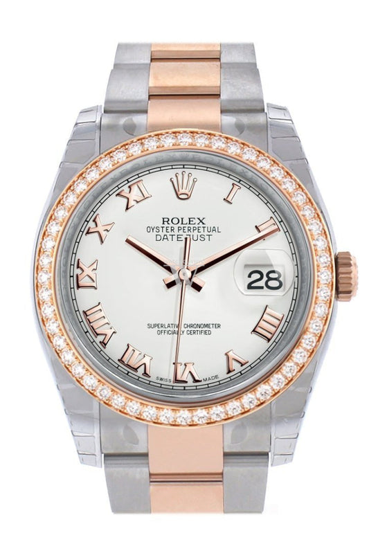 Custom Diamond Bezel Rolex Datejust 36 Steel Roman Dial Oyster Rose Gold Two Tone Watch 116201 116231 Pre-owned