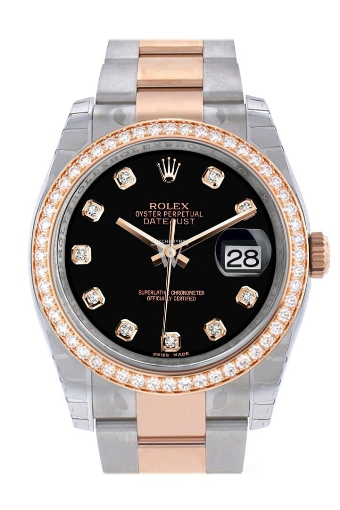 Custom Diamond Bezel Rolex Datejust 36 Black Dial Oyster Rose Gold Two Tone Watch 116201 116231 Pre-owned