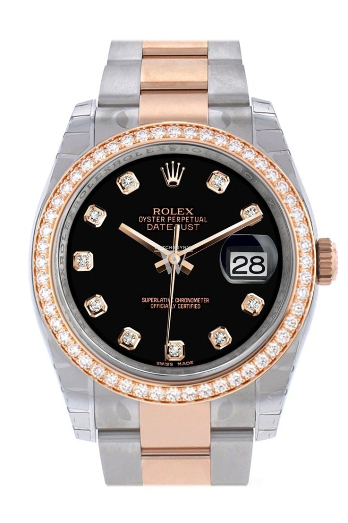 Custom Diamond Bezel Rolex Datejust 36 Black Dial Oyster Rose Gold Two Tone Watch 116201 116231 Pre-owned