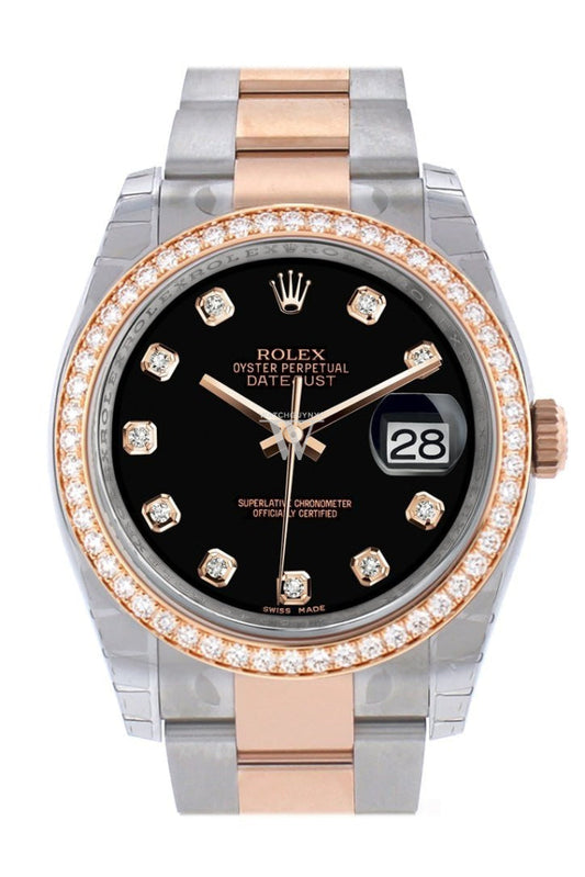 Custom Diamond Bezel Rolex Datejust 36 Black Dial Oyster Rose Gold Two Tone Watch 116201 116231 Pre-owned
