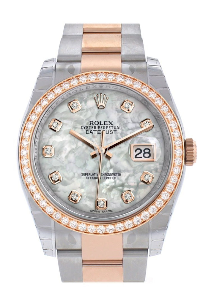Custom Diamond Bezel Rolex Datejust 36 White mother-of-pearl set with diamonds Rose Gold Two Tone Watch 116201 116231 Pre-owned