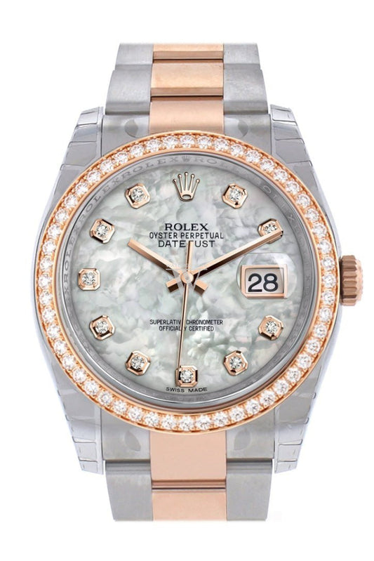 Custom Diamond Bezel Rolex Datejust 36 White mother-of-pearl set with diamonds Rose Gold Two Tone Watch 116201 116231 Pre-owned