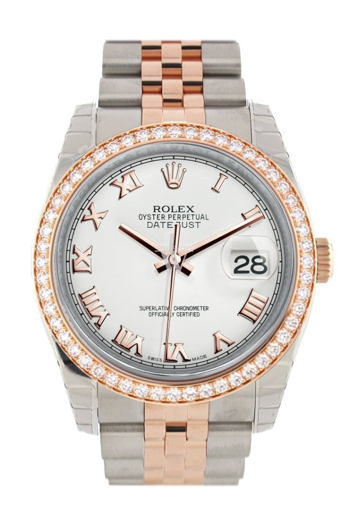 Custom Diamond Bezel Rolex Datejust 36 White Roman Dial Jubilee Rose Gold Two Tone Watch 116201 Pre-owned