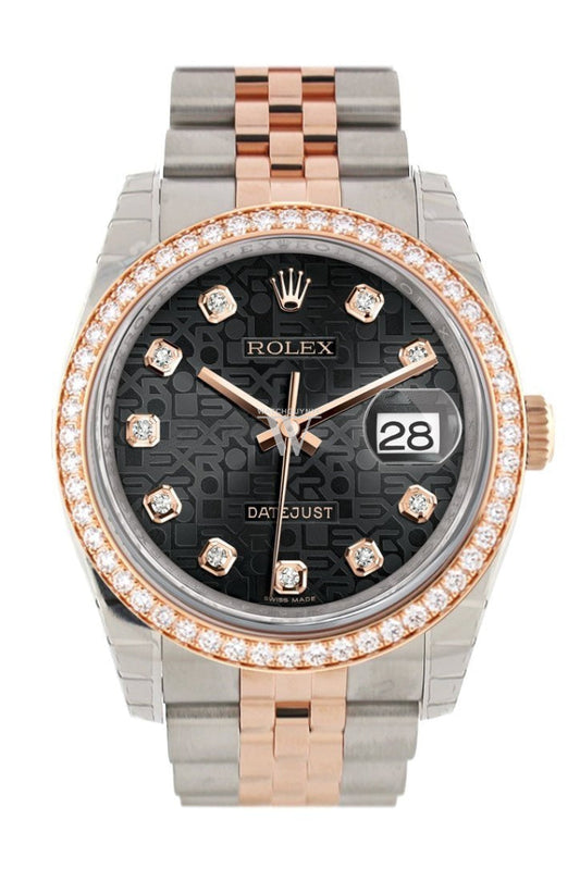 Custom Diamond Bezel Rolex Datejust 36 Black Jubilee Design Diamonds Dial Jubilee Rose Gold Two Tone Watch 116201 116231 Pre-owned