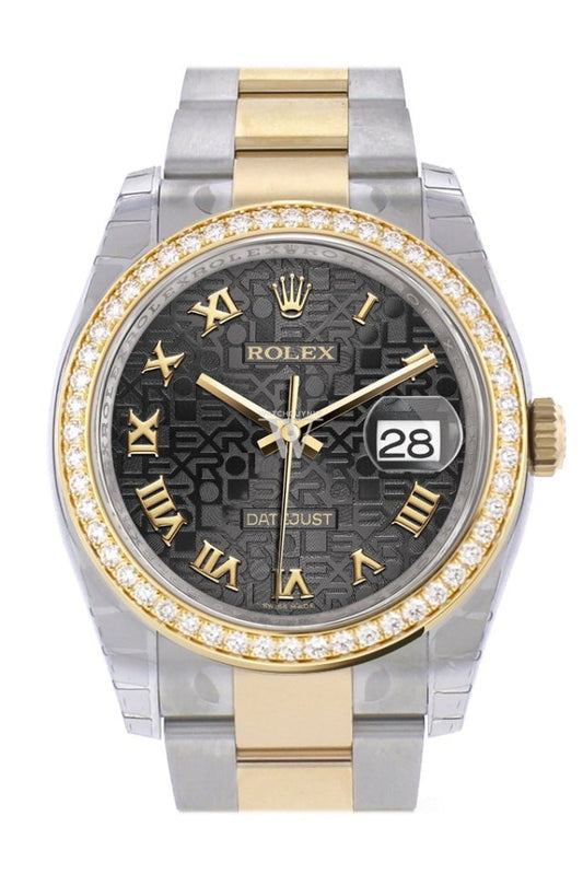 Custom Diamond Bezel Rolex Datejust 36 Black Jubile Roman Dial Oyster Yellow Gold Two Tone Watch 116203 116233 Pre-owned