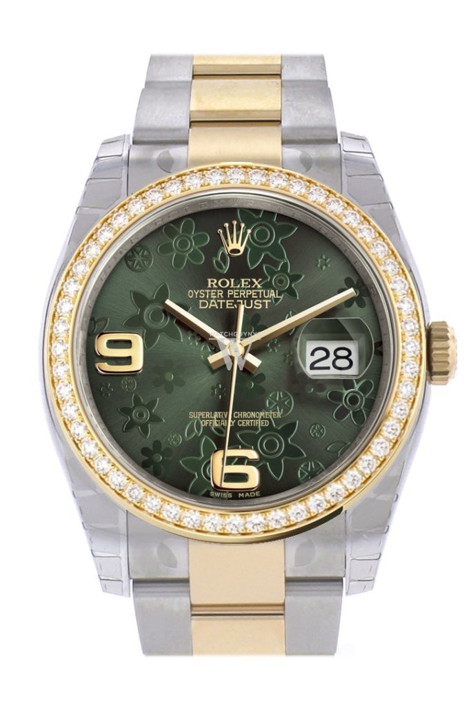 Custom Diamond Bezel Rolex Datejust 36 Green floral motif Arab Dial Oyster Yellow Gold Two Tone Watch 116203 Pre-owned