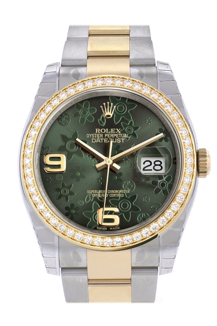 Custom Diamond Bezel Rolex Datejust 36 Green floral motif Arab Dial Oyster Yellow Gold Two Tone Watch 116203 Pre-owned