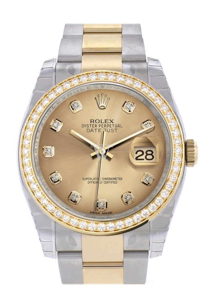Custom Diamond Bezel Rolex Datejust 36 Champagne set with diamonds Dial Oyster Yellow Gold Two Tone Watch 116203 Pre-owned