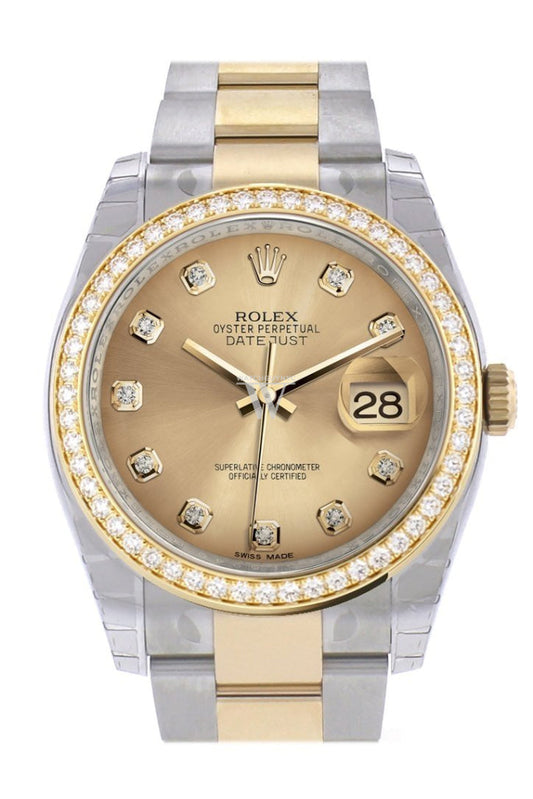 Custom Diamond Bezel Rolex Datejust 36 Champagne set with diamonds Dial Oyster Yellow Gold Two Tone Watch 116203 Pre-owned
