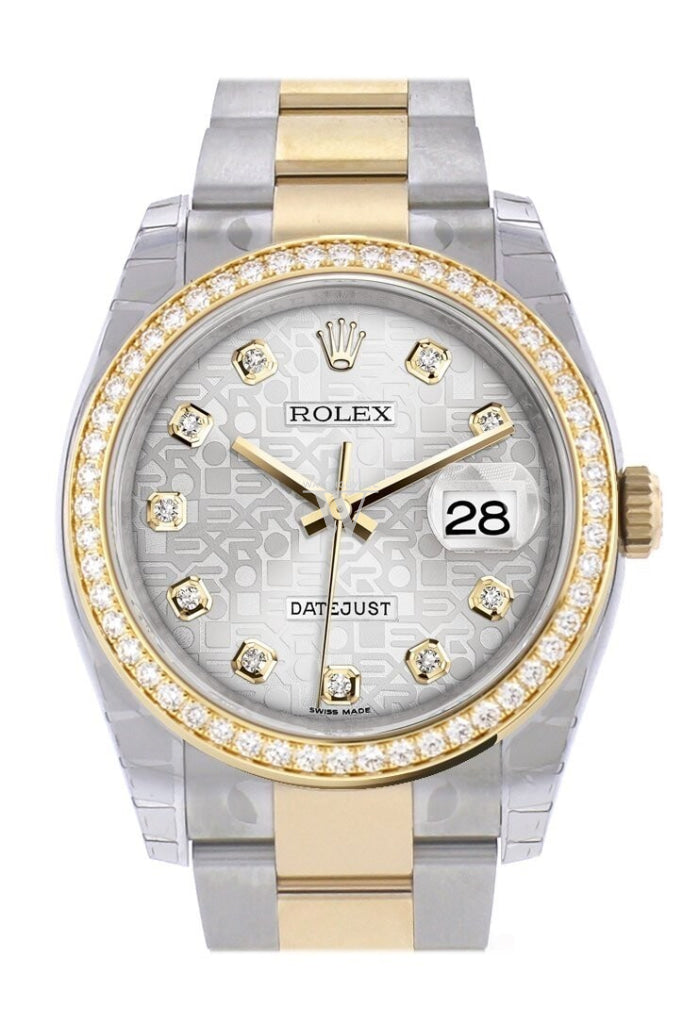 Custom Diamond Bezel Rolex Datejust 36 Silver set with diamonds Dial Oyster Yellow Gold Two Tone Watch 116203 116233 Pre-owned