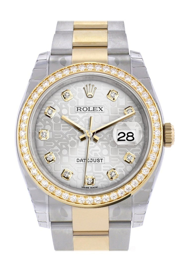 Custom Diamond Bezel Rolex Datejust 36 Silver set with diamonds Dial Oyster Yellow Gold Two Tone Watch 116203 116233 Pre-owned