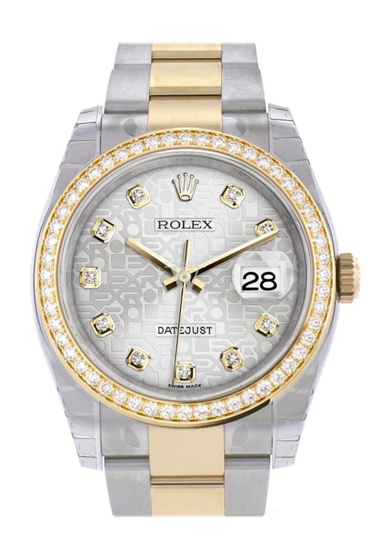 Custom Diamond Bezel Rolex Datejust 36 Silver set with diamonds Dial Oyster Yellow Gold Two Tone Watch 116203 116233 Pre-owned