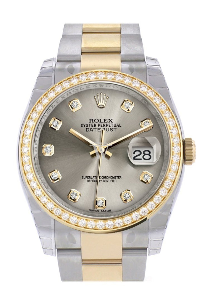 Custom Diamond Bezel Rolex Datejust 36 Steel set with diamonds Dial Yellow Gold Two Tone Watch 116203 Pre-owned