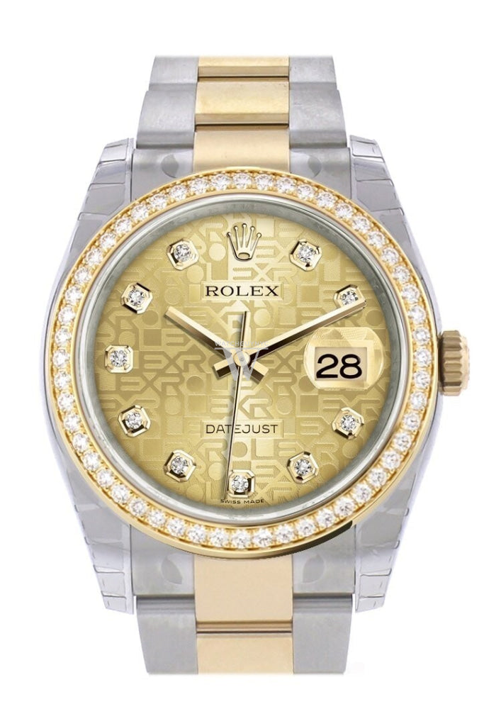 Custom Diamond Bezel Rolex Datejust 36 Champagne Jubilee Diamond Dial Oyster Yellow Gold Two Tone Watch 116203 Pre-owned