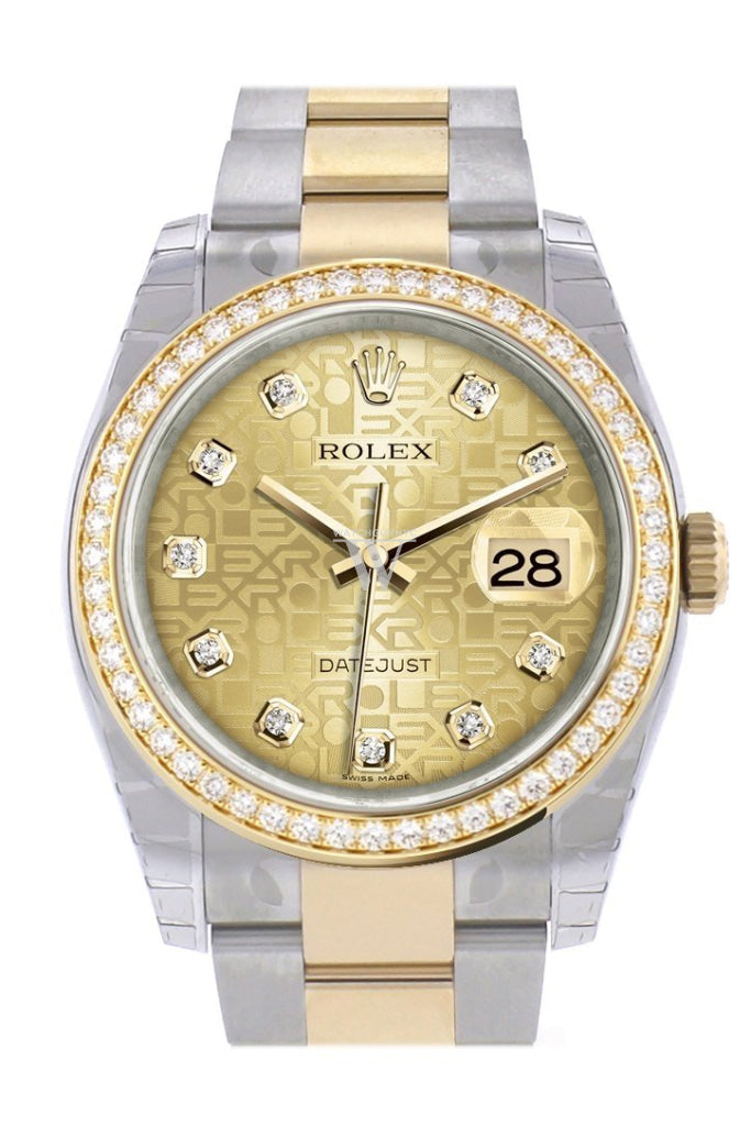Custom Diamond Bezel Rolex Datejust 36 Champagne Jubilee Diamond Dial Oyster Yellow Gold Two Tone Watch 116203 Pre-owned