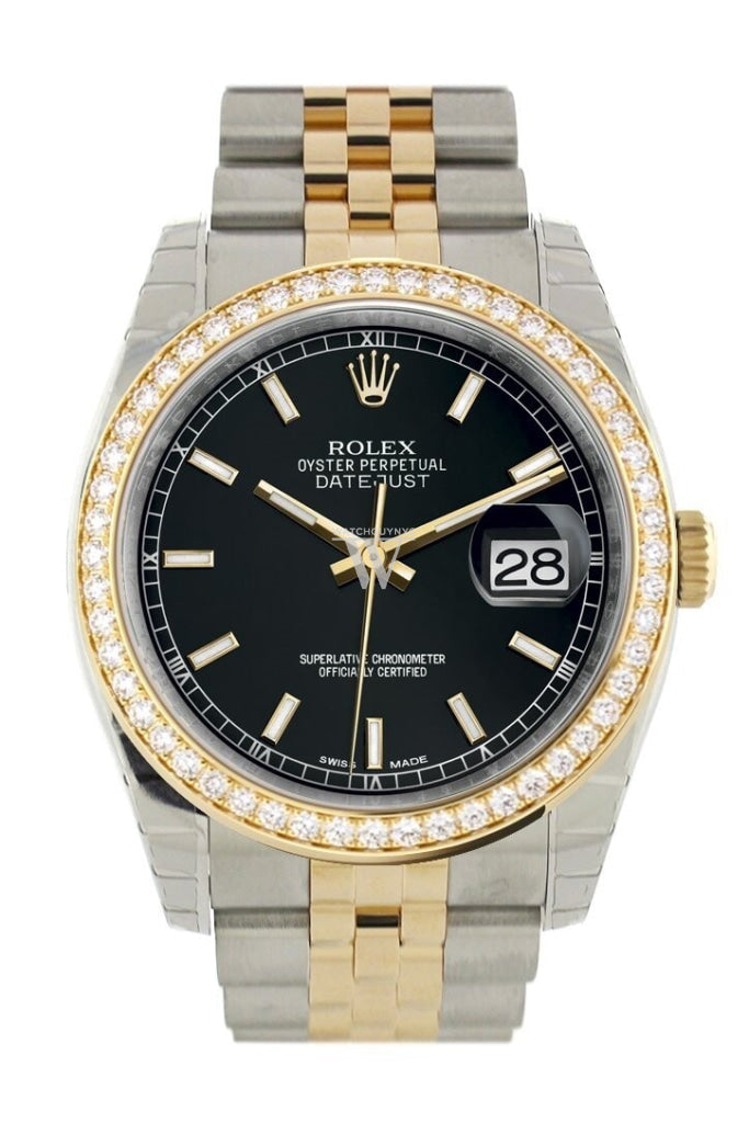 Custom Diamond Bezel Rolex Datejust 36 Black Dial Jubilee Yellow Gold Two Tone Watch 116203 Pre-owned