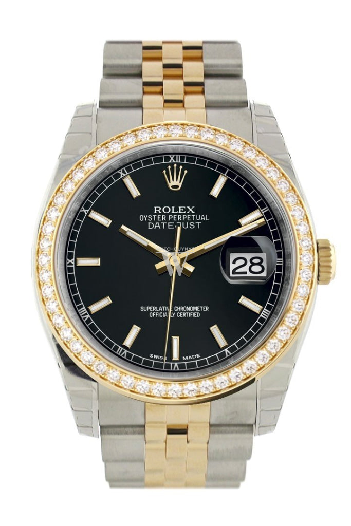 Custom Diamond Bezel Rolex Datejust 36 Black Dial Jubilee Yellow Gold Two Tone Watch 116203 Pre-owned