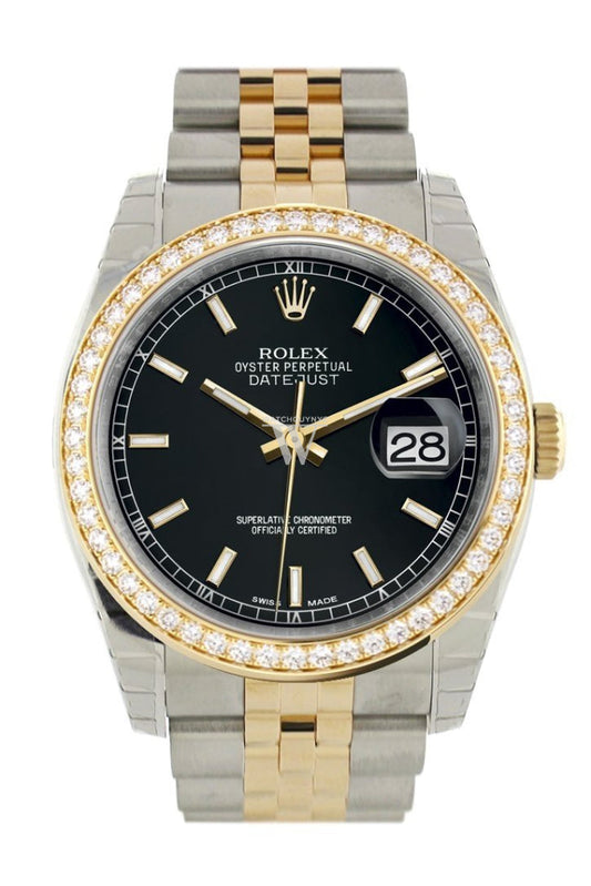 Custom Diamond Bezel Rolex Datejust 36 Black Dial Jubilee Yellow Gold Two Tone Watch 116203 Pre-owned
