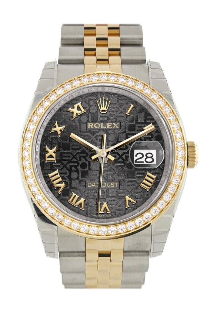 Custom Diamond Bezel Rolex Datejust 36 Black Jubile Roman Dial Jubilee Yellow Gold Two Tone Watch 116203 Pre-owned