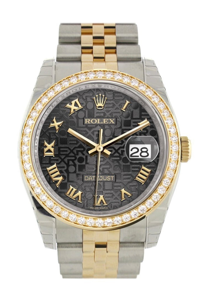 Custom Diamond Bezel Rolex Datejust 36 Black Jubile Roman Dial Jubilee Yellow Gold Two Tone Watch 116203 Pre-owned