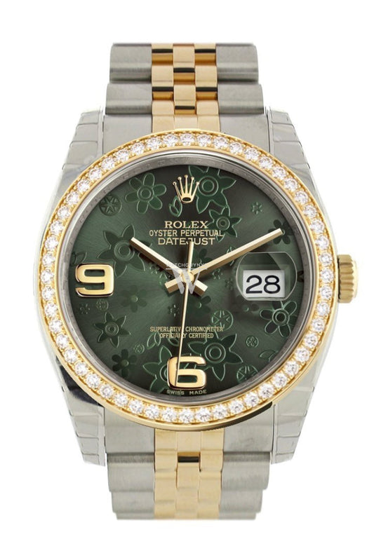 Custom Diamond Bezel Rolex Datejust 36 Green floral motif Arab Dial Jubilee Yellow Gold Two Tone Watch 116203 Pre-owned